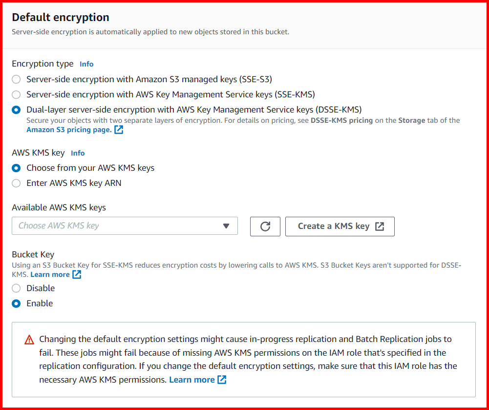 Picture showing the section to enable server side encryption in S3 bucket